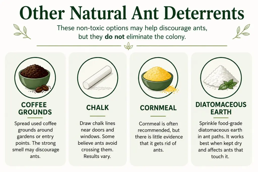 Infographic showing four natural ant deterrents including coffee grounds, chalk, cornmeal, and diatomaceous earth with simple explanations of how each may discourage ants.