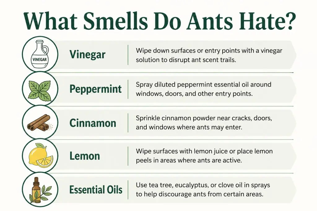 Infographic showing five smells that ants dislike: vinegar, peppermint, cinnamon, lemon, and essential oils, with simple tips for using each as a temporary ant repellent.