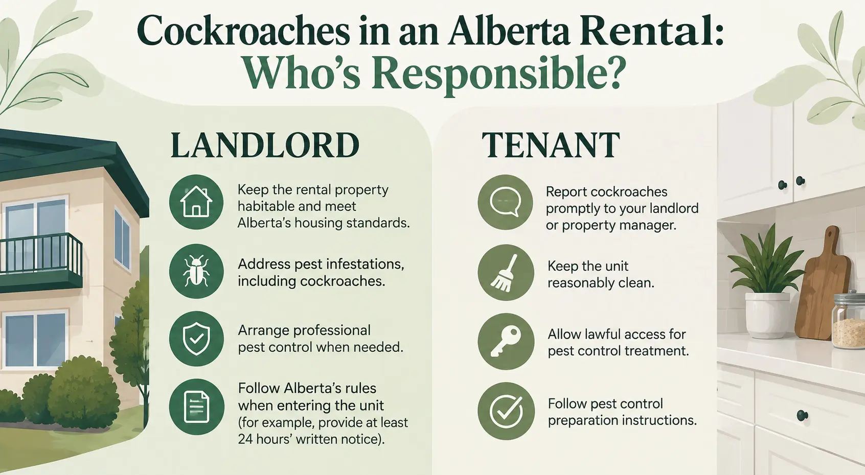 Infographic comparing landlord and tenant responsibilities for cockroach infestations in Alberta rental properties.
