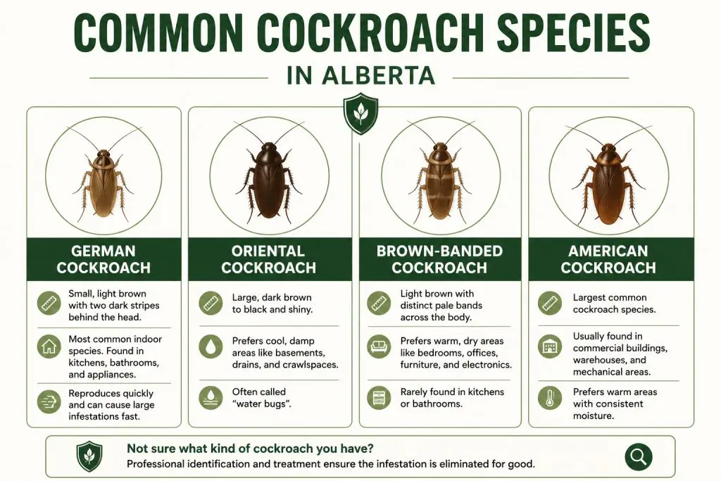 Infographic comparing the four most common cockroach species found in Alberta: German, Oriental, Brown-banded, and American cockroaches.