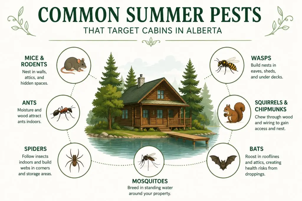 Infographic showing a lakeside cabin surrounded by common Alberta cabin pests including mice, ants, spiders, mosquitoes, wasps, squirrels, chipmunks, and bats.