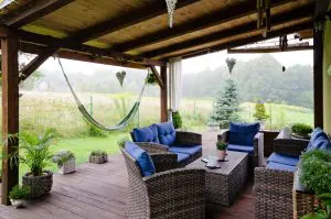 Outdoor patio furniture in a backyard before being stored for fall