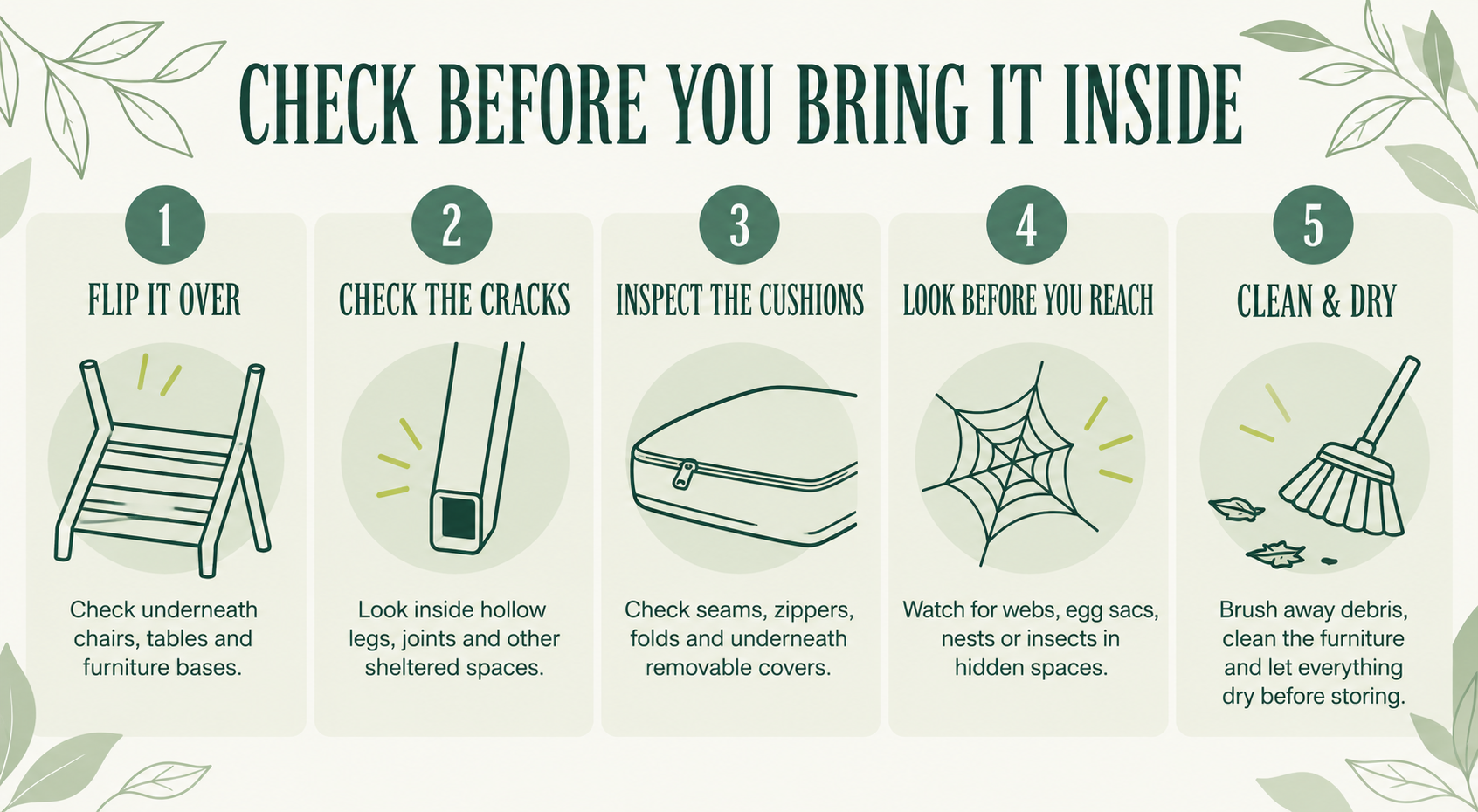 Five-step checklist for checking patio furniture for pests before bringing it indoors